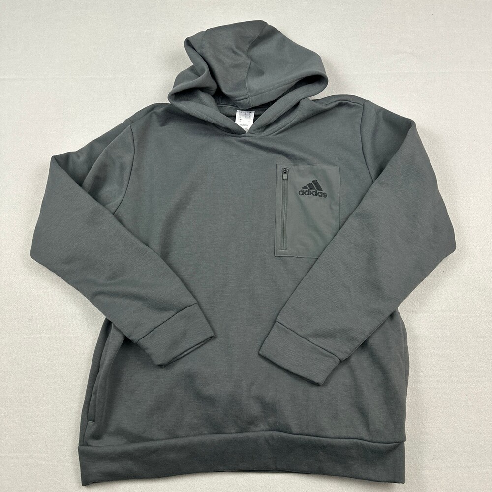 Adidas Hoodie Men Large Gray Solid Sweatshirt Pullover Basketball Pockets L